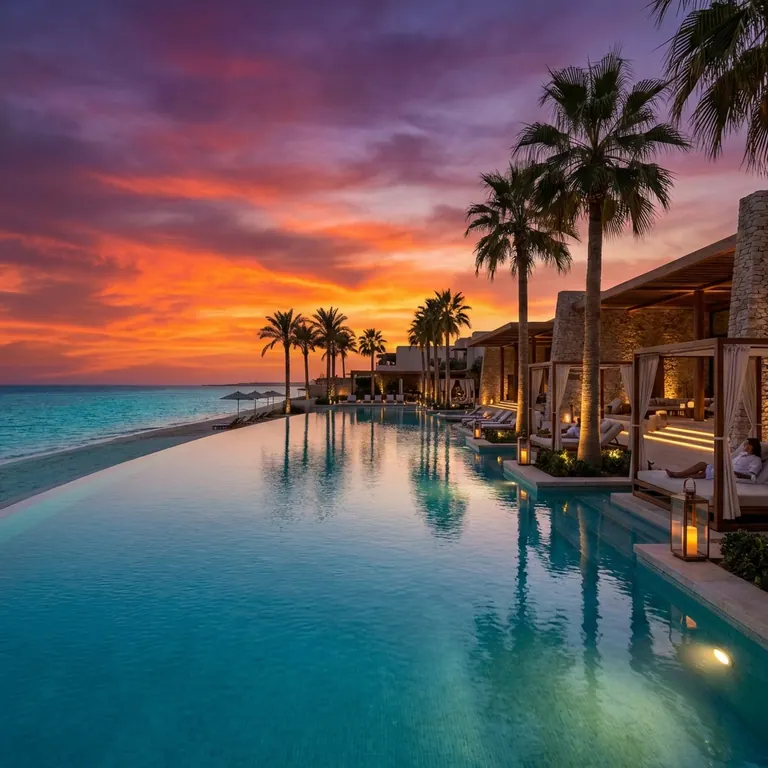 Infinity pool facing the sea at sunset, with palm trees and candle-lit cabanas at a luxury resort